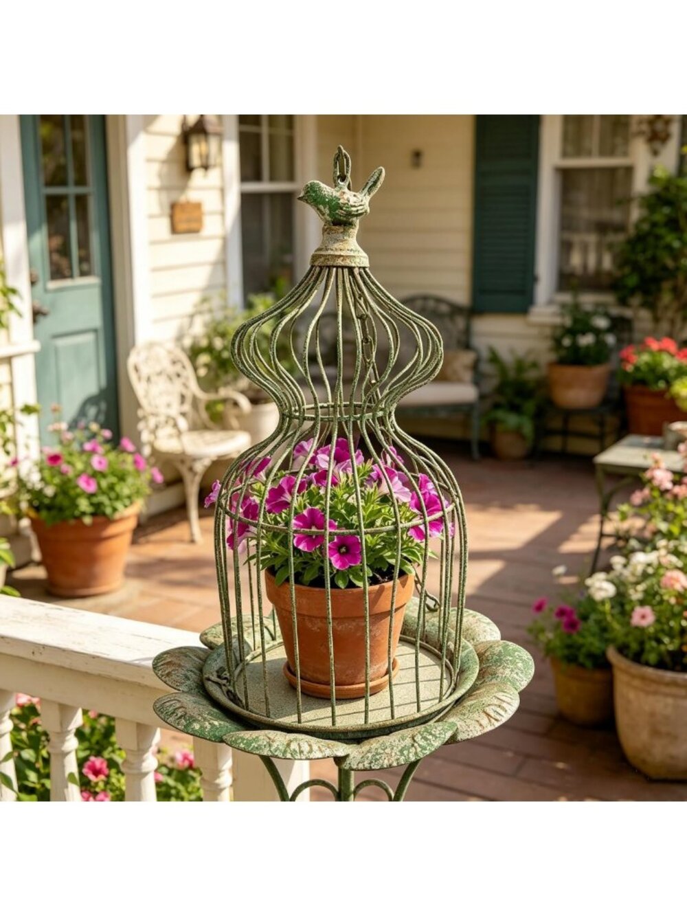 Vintage Metal Plant Stand & Hanging Birdcage Planter - Multi-Functional Decor